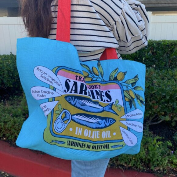 Trader Joe's Sardine reusable shopping tote bag durable 100 % cotton NEW - Picture 2 of 3